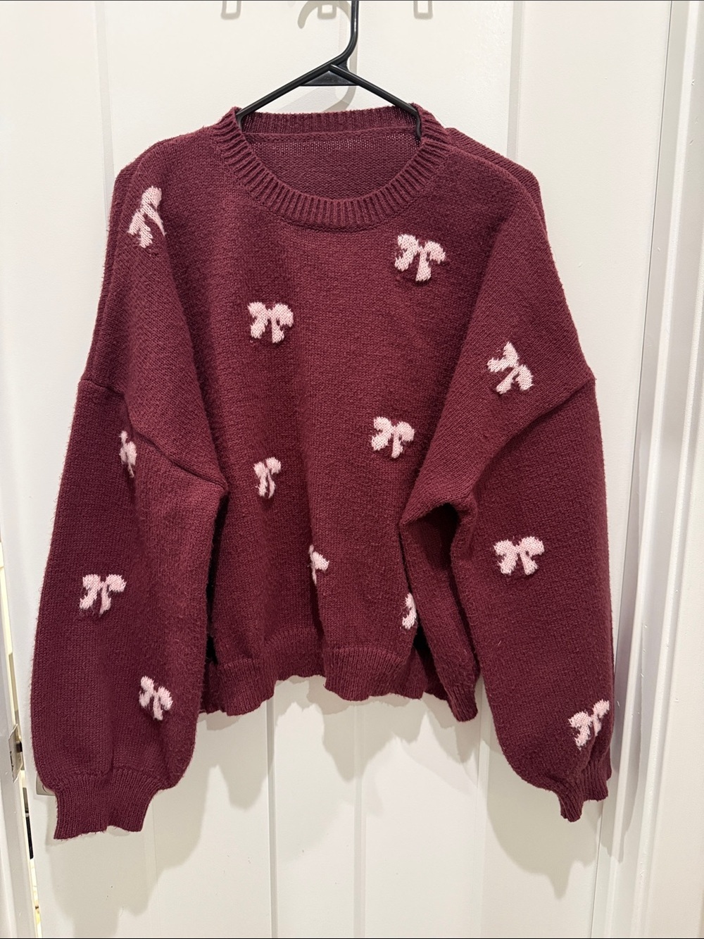 SHEIN Maroon Knit Sweater with White Bow Accents - Picture 2 of 4